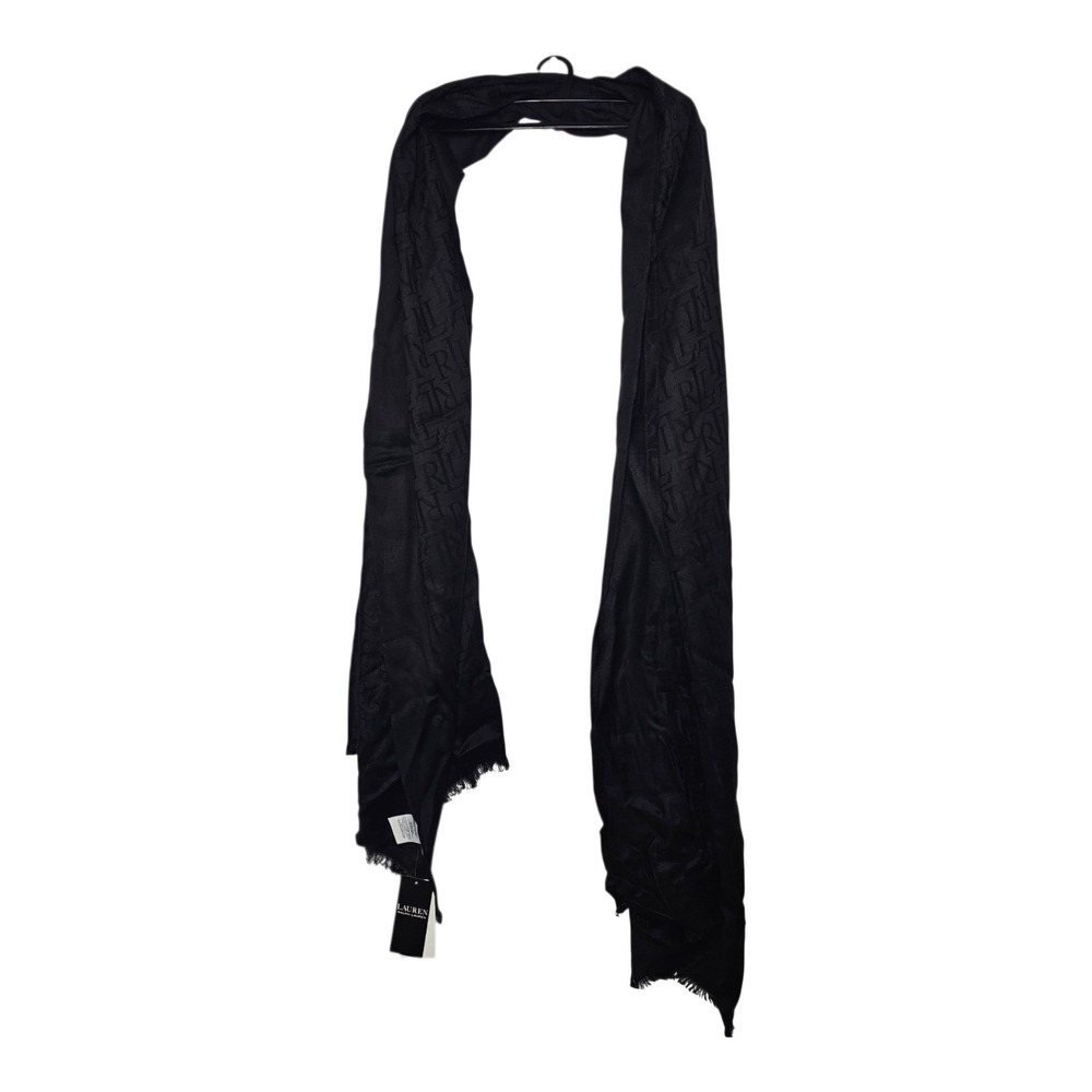 Lauren Ralph Lauren Women's Black Monogram Scarf‎ 80x26 Cotton Blend